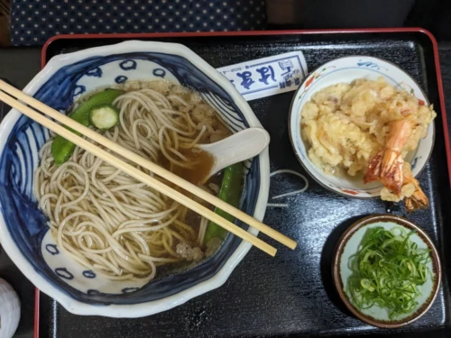 Nous tentons un restaurant de soba et udon dans le voisinage immédiat, c'est très bon mais pas notre plat favori